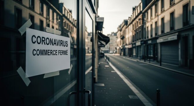 Closed shop door, French street scene; COVID warning sign posted in the window
