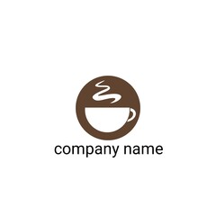 The logo features a simple yet elegant illustration of a white coffee cup surrounded by a dark brown circle, representing the coffee's distinctive color. Above the cup,