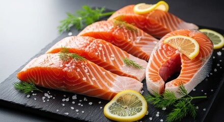 Fresh salmon fillets, arranged on a dark slate, garnished with lemon & dill