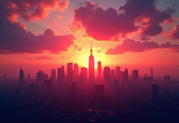 Fototapeta premium silhouetted skyline vibrant dusk horizon stunning visual spectacle colorful sky, clouds, twilight, evening, view, cityscape, reflection, panorama