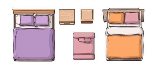 Top-down view of three bedrooms, each with a bed and bedside tables.  Two bedrooms have a lavender-colored bedspread, one an orange/peach bedspread.  