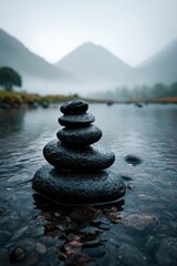 Serene Stacked Stones in Misty Mountain River