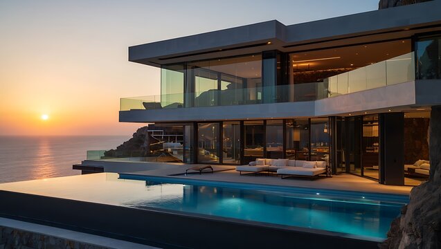 Luxury Villa with Infinity Pool at Sunset Coastal Serenity and Modern Architectural Design Overlooking the Ocean - Powered by Adobe