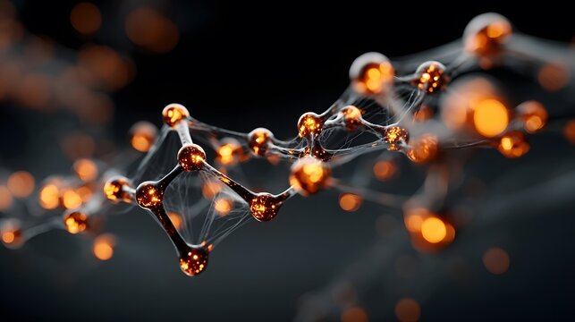 Abstract molecular structure with glowing orange nodes and intricate fibrous connections.