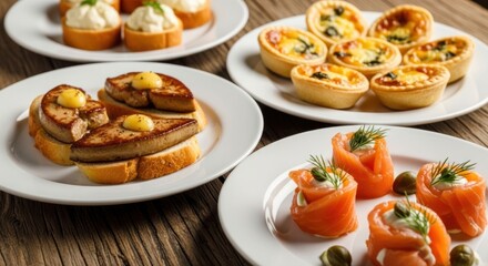 Assorted appetizers, presented on small, white plates, atop a wooden surface