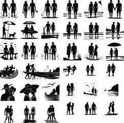 Couple Holding Hands at Beach Silhouette – Romantic Ocean Icon Set Lovers Walking on Shore Silhouette – Beach Romance Icon

