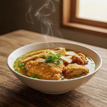 A bowl of canh ga chien (fried chicken soup) with crispy chicken, bamboo shoots, and herbs, served on a wooden table in a Sapa terraced field with misty rice paddies in the background