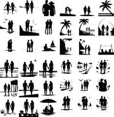 Couple Holding Hands at Beach Silhouette – Romantic Ocean Icon Set Lovers Walking on Shore Silhouette – Beach Romance Icon

