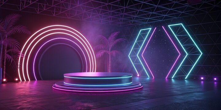 Neon Stage with Palms and Glowing Shapes Retro Cyberpunk Scene, synthwave, 80s - Powered by Adobe