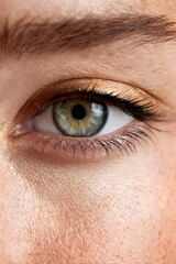 Obraz premium Extreme close-up of a womans beautiful green eye with sparkling gold eyeshadow and natural skin texture.