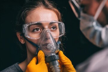 Female doctor assists a patient with lung issues caused by COVID 19 using an oxygen mask while wearing protective gear