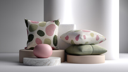 Green and Pink Pillow Pile on Pedestal, Soft Shapes and Textures in Modern Pastel Palette