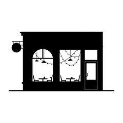 Silhouette of a cafe interior with tables and lights isolated on white