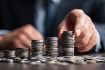 The coins were piled held by a businessman focused on financial savings and investment