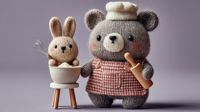Knitted bear chef and rabbit sous-chef create a whimsical culinary scene