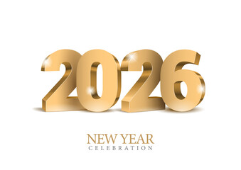 Gold 3D numbers 2026. Design of 2026 lettering with sans serif bold font on white background. Template for New Year 2026 celebration greeting card or poster. Vector