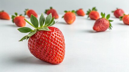 Fresh ripe strawberry on a white background with more strawberries in the background.