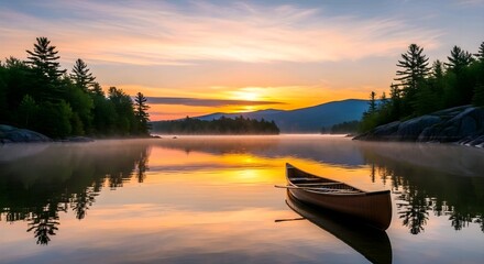Serene lake at sunrise with a canoe, surrounded by trees and mountains, reflecting vibrant orange and yellow hues, creating a peaceful atmosphere, AI Generated.