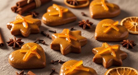 Fototapeta premium Gingerbread cookies with orange zest and spices on a neutral fabric