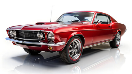 Classic red american muscle car from the 1960s, isolated on white background, showcasing vintage automotive design and iconic style