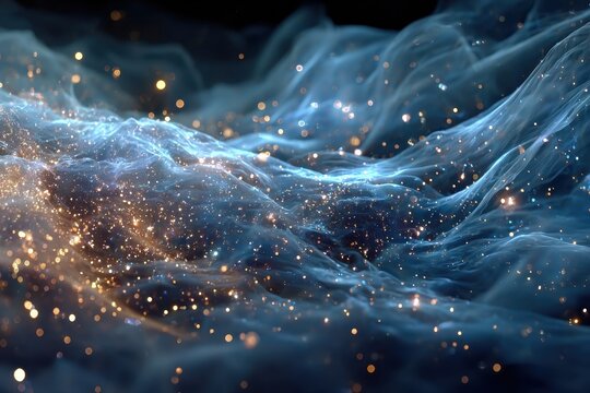 Dreamy flowing blue cloth with scattered gold stars and sparkling bokeh lights provides a celestial texture - Powered by Adobe