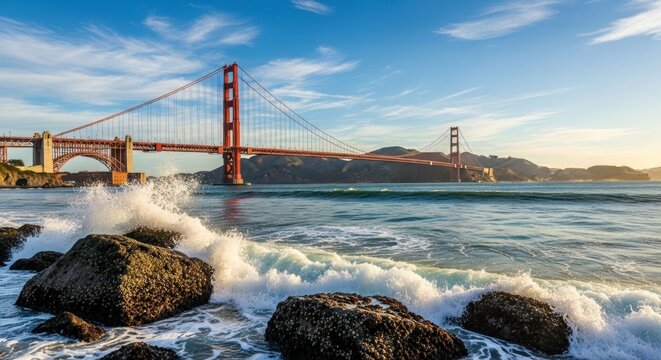 Golden Gate Bridge view with crashing waves over rocks at sunset - Powered by Adobe