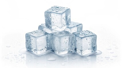 A pile of five melting ice cubes with water drops on a white background.