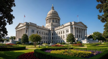Naklejka premium Grand capitol building with dome, framed by vibrant gardens and lush greenery