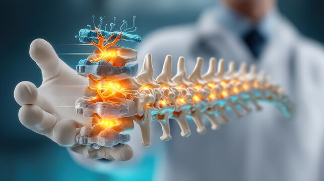 Orthopedic surgeon demonstrates human spinal anatomy with detailed model