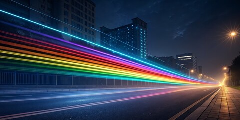 Rainbow City Lights Long Exposure Speeding Car Trails at Night, Urban , Neon