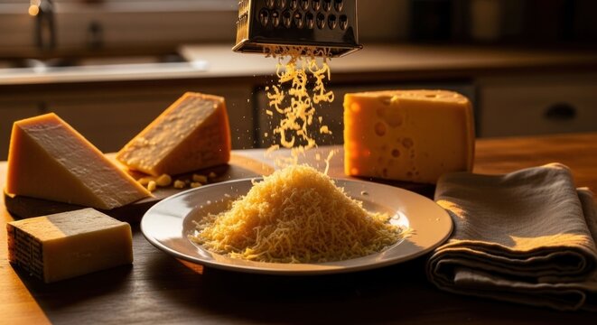Grated cheese piling on a plate with cheese blocks on a wooden table