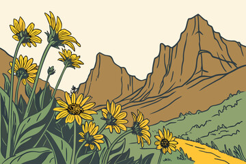 A cluster of sunflowers in full bloom facing the morning light with the Rocky Mountains towering in the background.