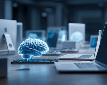 Digital brain simulation in a modern workspace symbolizing artificial intelligence and technological innovation