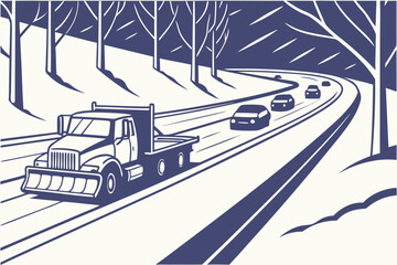 snow-covered highway with an alabama snow plow leading a convoy of vehicles during a winter storm