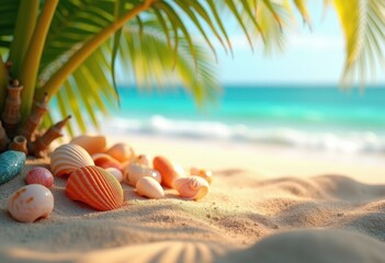 Obraz premium tropical beach seashells arrangement colorful sand vibrant ocean paradise serenity coastal beauty, shore, marine, rocks, wavy, blue, cyan, luminous, shoreline