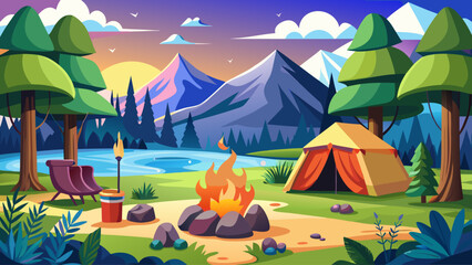 Camping tent in a camping in a forest by the river, gentle breeze, sparkling water, soft sunlight, serene atmosphere, peaceful retreat, lush greenery, calm reflections, harmony with nature, tranquil e