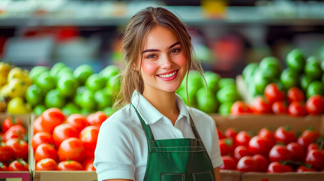 Happy female grocery worker in a fresh produce market aisle - Powered by Adobe