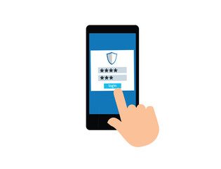 Secure Mobile Login: Flat Design Illustration of Finger Pressing Login Button on Smartphone Screen with Password Fields and Security Shield Icon.