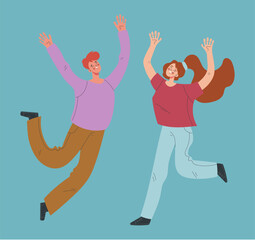 Happy young teen people jumping characters flat style simple design concept. Vector cartoon graphic illustration
