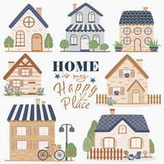Cartoon house icon. House set - colourful home icon collection. Illustration group. Private residential architecture.