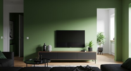 Modern Minimalist Living Room With Green Accent Wall, Black TV, and Contemporary Furniture in Bright Daylight