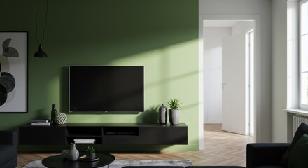 Modern Minimalist Living Room With Green Accent Wall, Black TV, and Contemporary Furniture in Bright Daylight