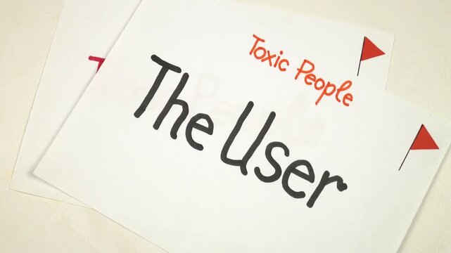 Sheets of paper with words 'The User", "The Tank&raquo; handwritten on them are being laying out on a table. Visual aids on the topic "Toxic people"
