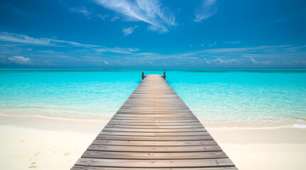 Fototapeta premium Vacation on a deserted island in the tropics. rustic, weathered wooden pier stretching out from a pristine white sand beach into a vibrant turquoise ocean.