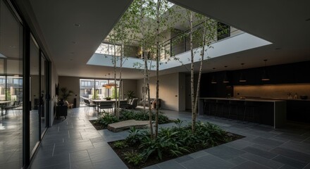 Indoor atrium with trees & kitchen in a modern home, natural light