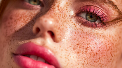 Naklejka premium Close-up of a freckled face with pink eye makeup and natural skin detail