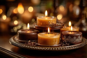 Warm candlelight illuminates multiple candles on a decorative tray for a peaceful ambiance