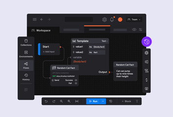 Fototapeta premium Interactive flowchart interface for api request visualization. Connected data nodes with dynamic output example. Modern workspace for backend process automation. Interface with popup windows