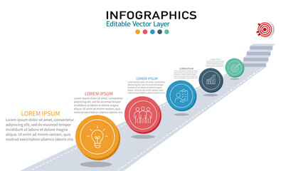 Business success concept with 5 steps ladder infographic. Progress chart with icons, light bulb, team, checklist, growth, and target. © Anuchit