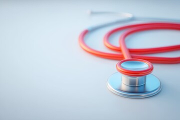 A red stethoscope on a clinical surface, ready for medical examinations and assessments